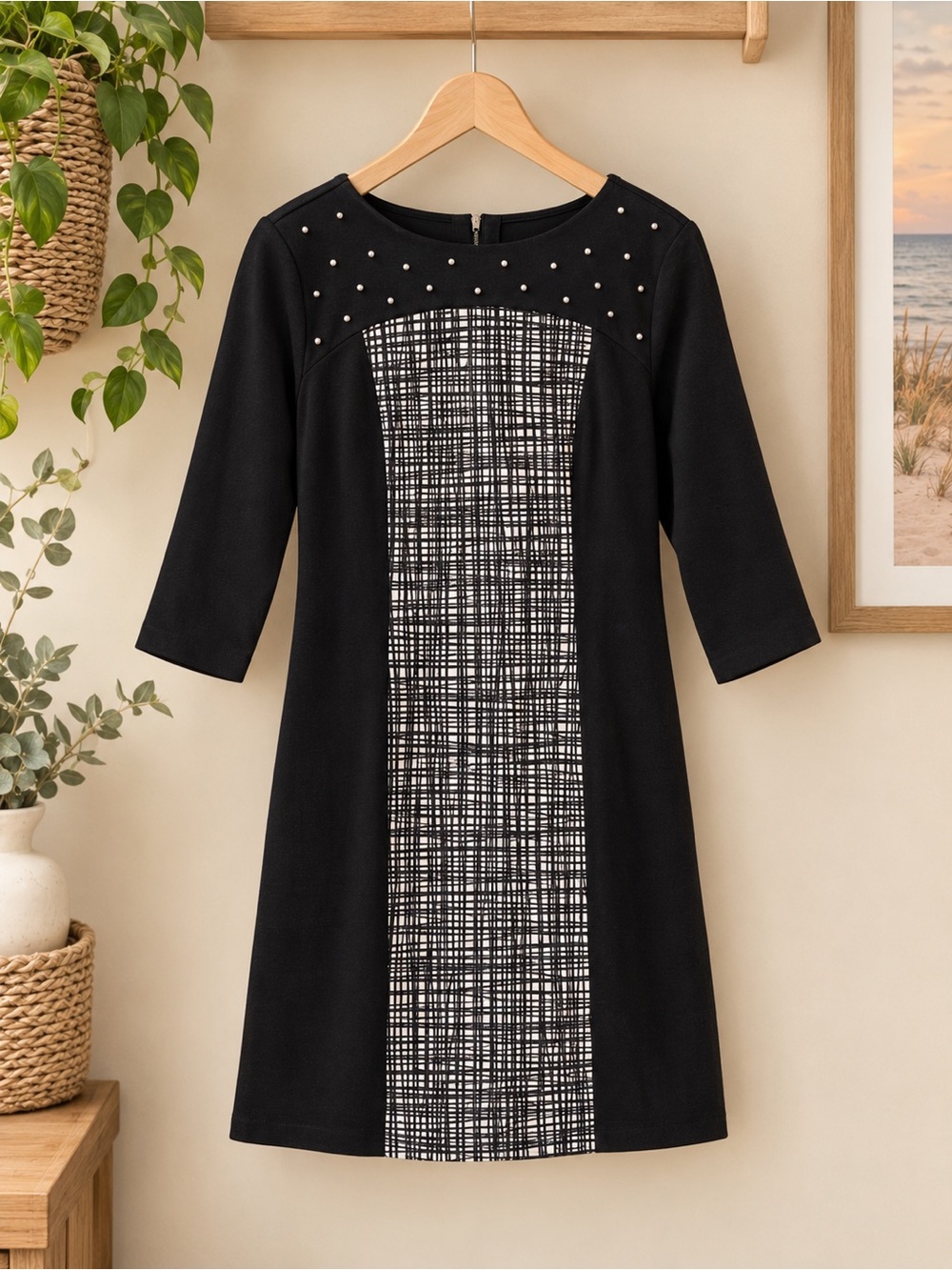 Ruby Rd. Black Midi Dress with Monochrome Checked Panel and Diamond Studs